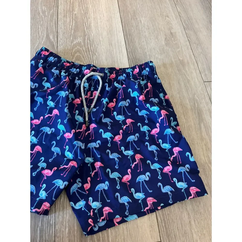 Vintage Summer Flamingo Blue and Pink Swim Trunks Large